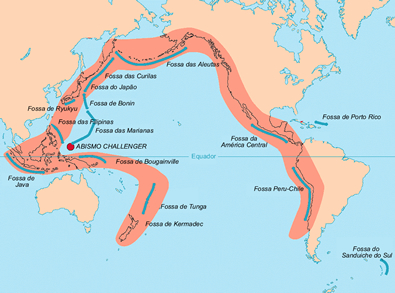 Mapa indicando onde está localizado o Círculo de fogo do Pacífico